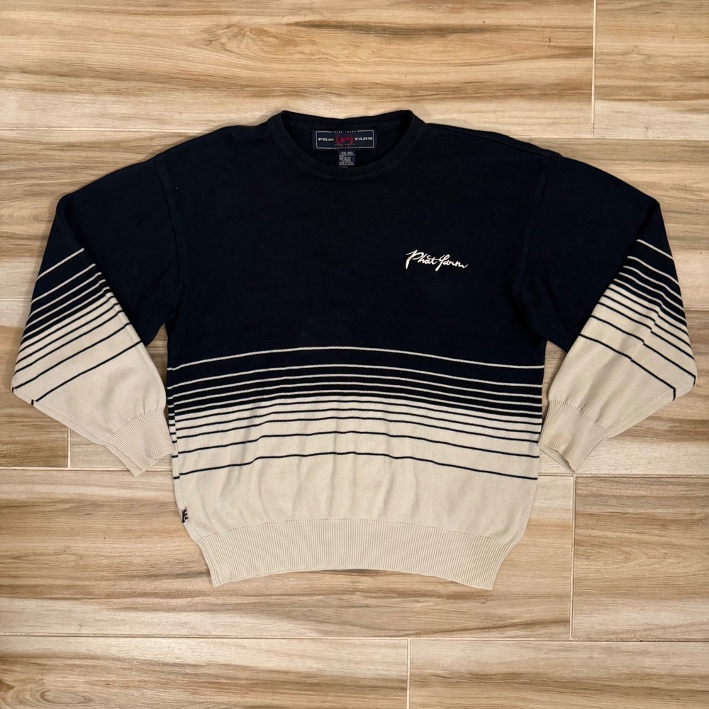 Vintage Phat Farm Crewneck Sweater XXL Navy Cream Striped 90s Hip Hop Knit